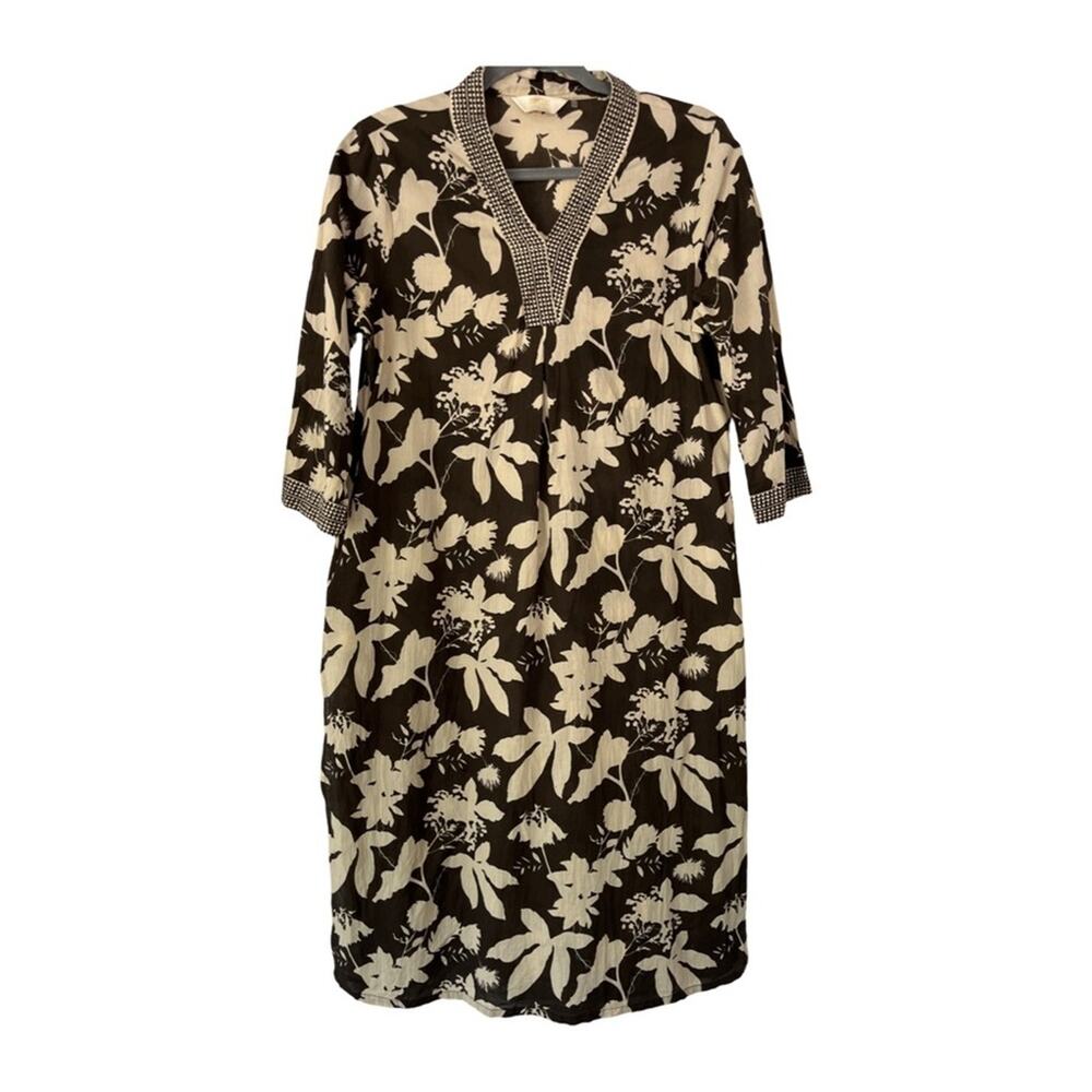 Max Brown Cream Floral Tunic Dress Size M/L Boho India Made Kurta Style Vacation